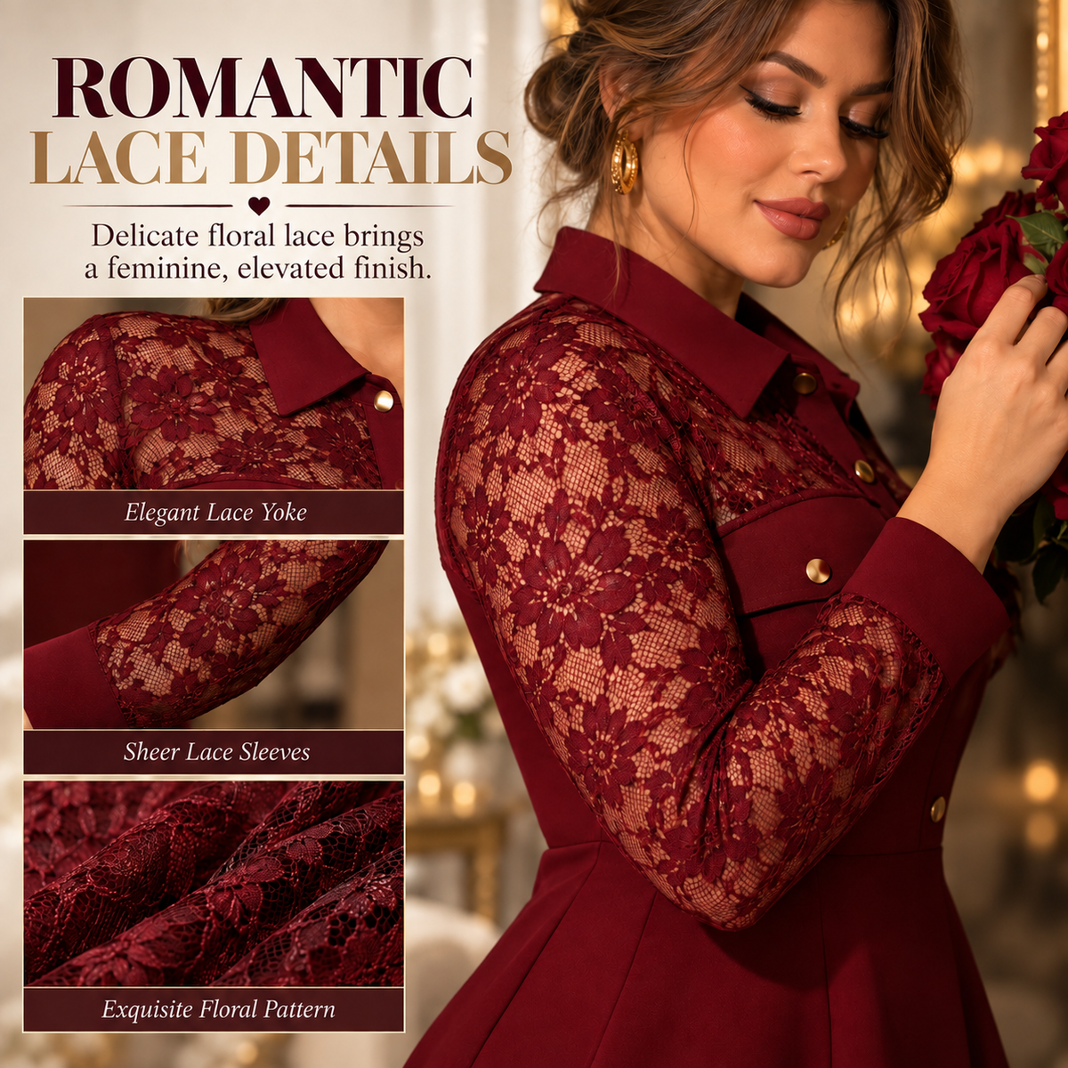 Women's Elegant Lace Panel A-Line Shirt Dress: Waist-Defining Button-Front Silhouette