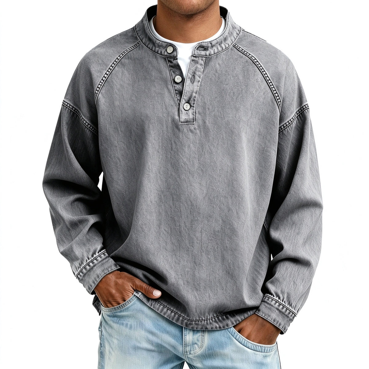 Vintage Wash Henley Sweatshirt | Casual Loose Fit Long Sleeve Top