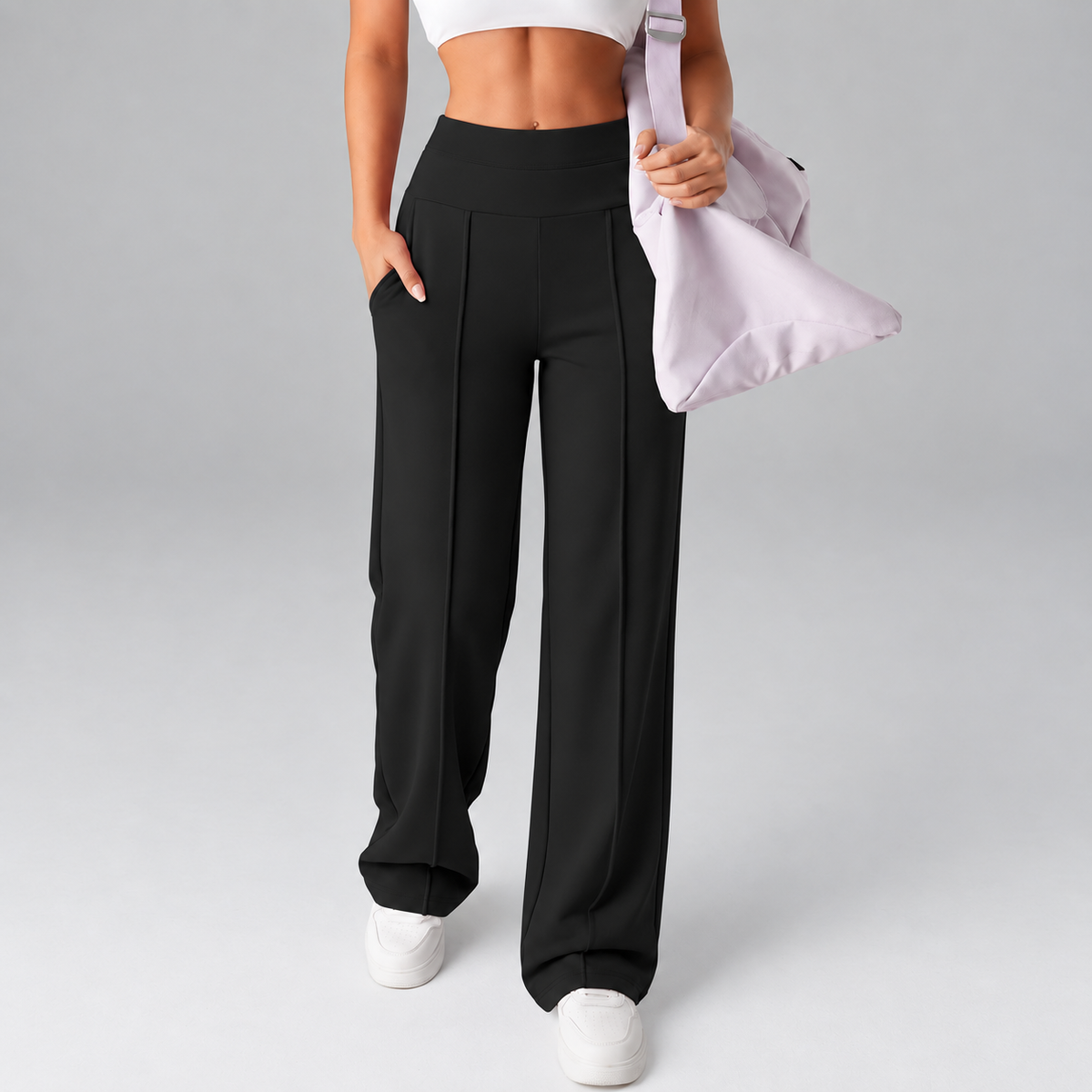 Women’s High-Rise Wide-Leg Comfort Pants with Pockets, Stretch Fit & Front Seams