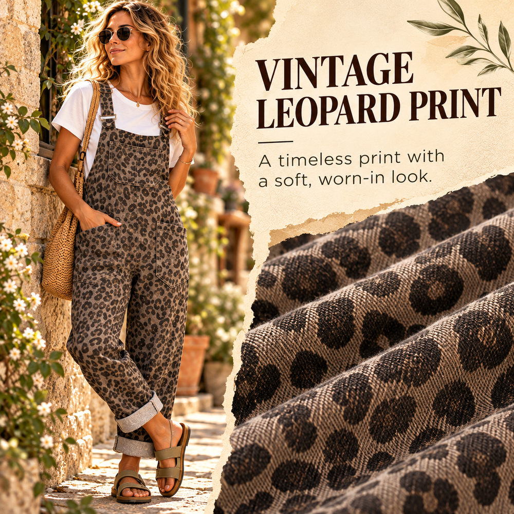 Vintage leopard print detail and woman wearing leopard denim overalls