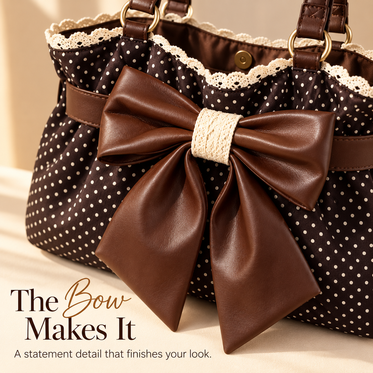 🎀Retro Chic Polka Dot Bow Tote — Vintage Lace Fabric Shoulder Bag & Daily Travel Purse 👜