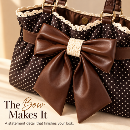 🎀Retro Chic Polka Dot Bow Tote — Vintage Lace Fabric Shoulder Bag & Daily Travel Purse 👜