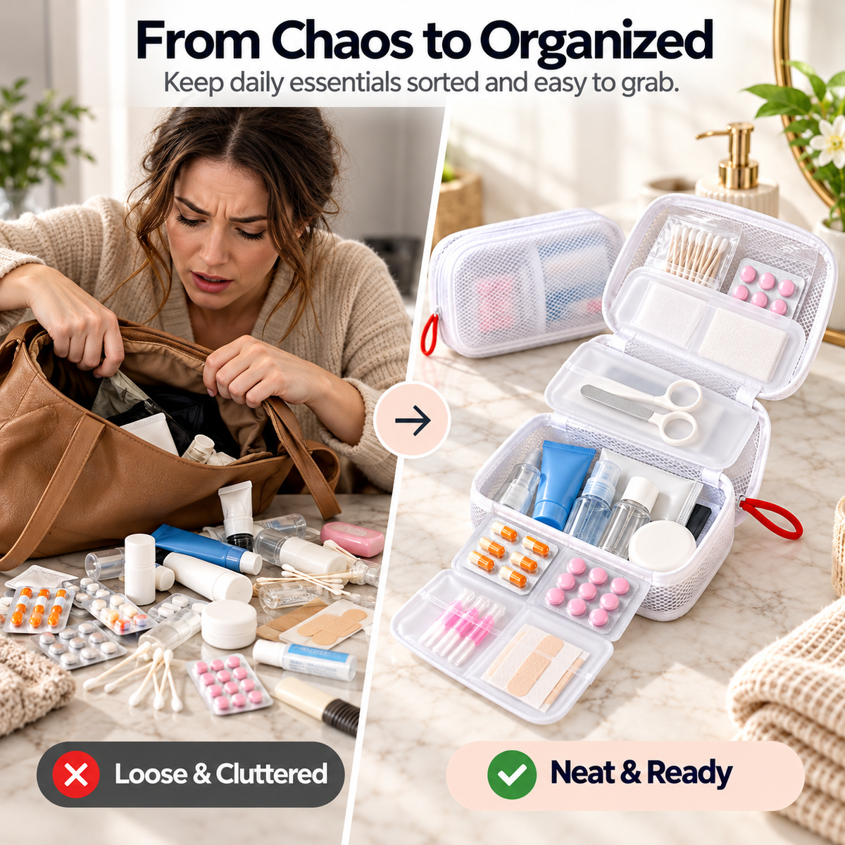 Portable Multi-Compartment Travel Organizer Bag for Toiletries, Medicine & Daily Essentials