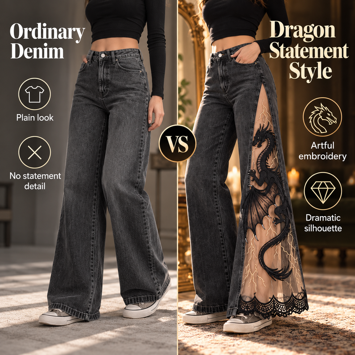 Women's Gothic Dragon Embroidered Jeans – Lace-Panel Wide-Leg Denim