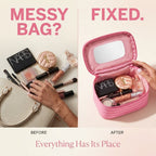 Pink Striped Portable Makeup Bag with Built-In Mirror