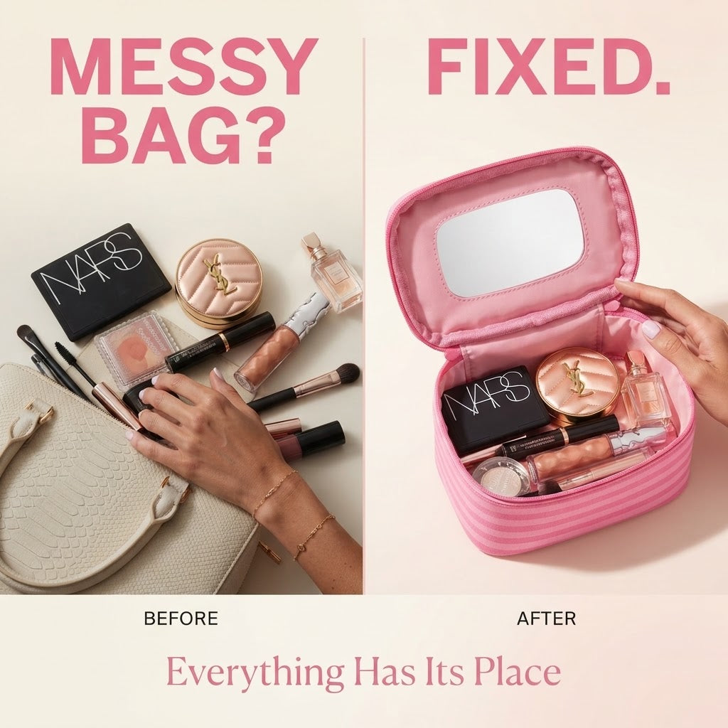 Pink Striped Portable Makeup Bag with Built-In Mirror