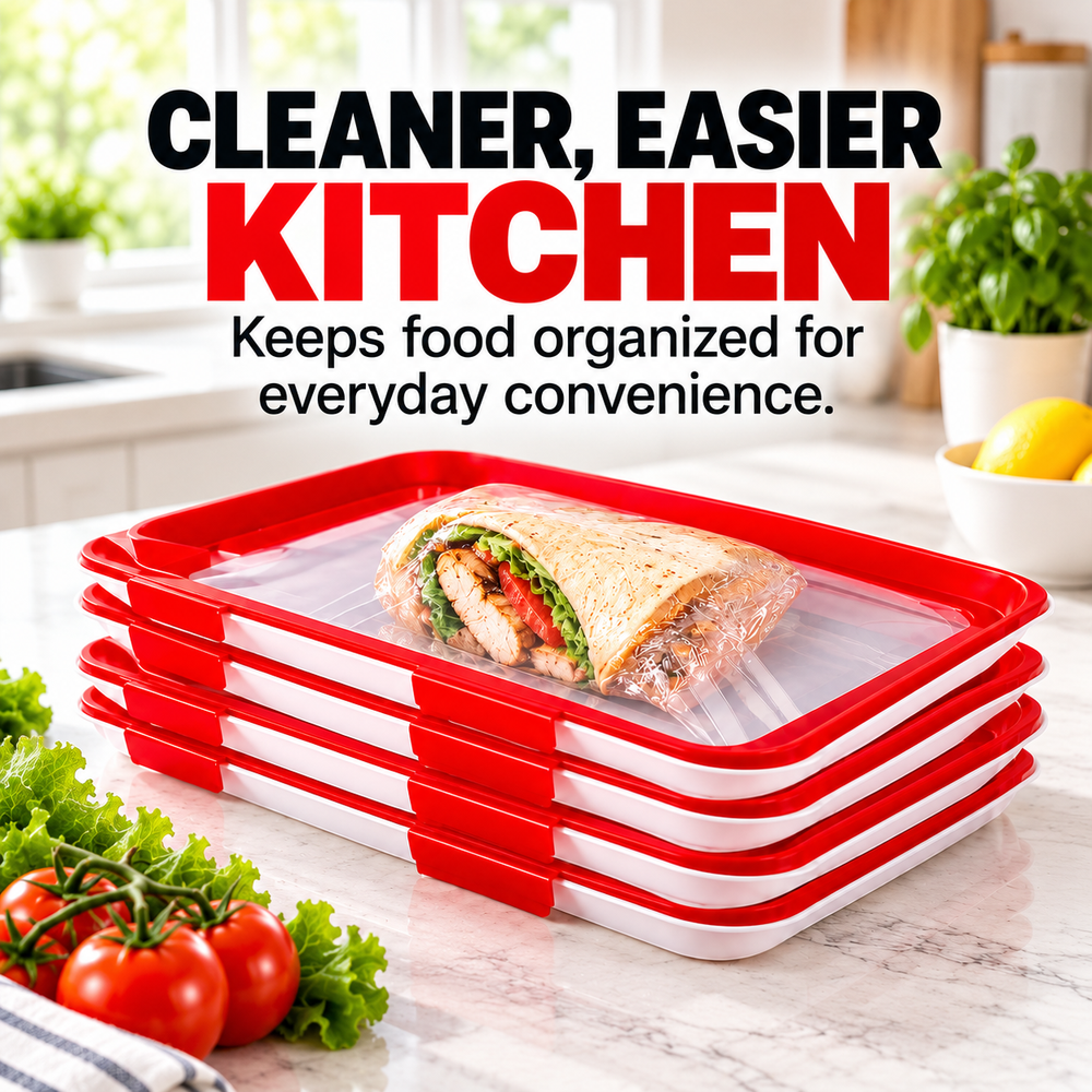 Stacked red-rimmed food storage trays covering a sandwich