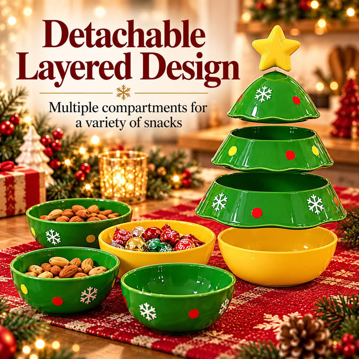 Detachable green and yellow Christmas tree snack bowls displayed separately with festive candies and nuts