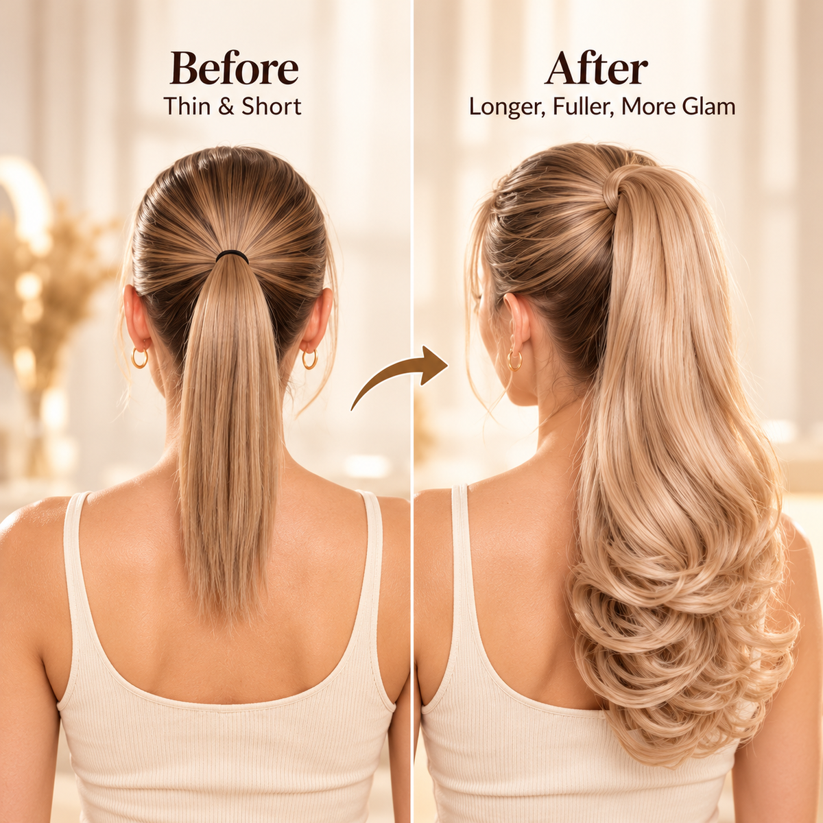 Before and after hairstyle comparison showing short thin ponytail transformed with long full wavy extension