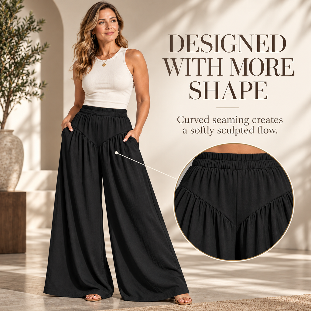 High Waist Wide Leg Casual Pants with Pockets & Elastic Waist