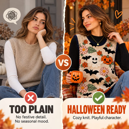 Women’s Halloween Knit Sweater Vest – Cozy Spooky Layering Top for Fall Outfits