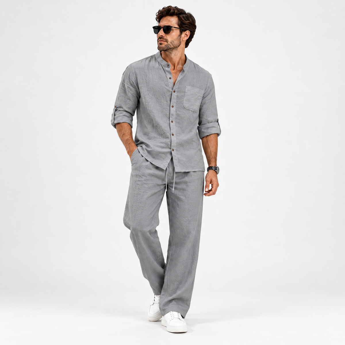 Men's Relaxed Mandarin Collar Shirt & Wide-Leg Pants Set