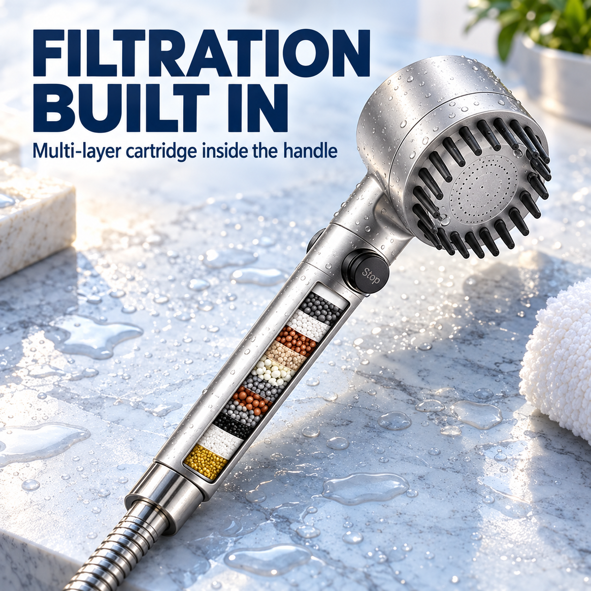🚿Silver Filtered HandheldShower Head I ON/OFF Switch,High Pressure Turbo Flow,Chlorine Filter for Hard Water