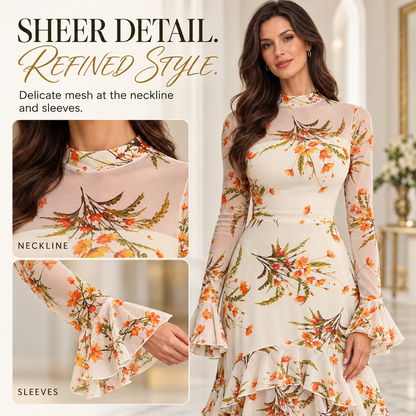 Vintage Floral Embroidered Mesh Long Sleeve Maxi Dress