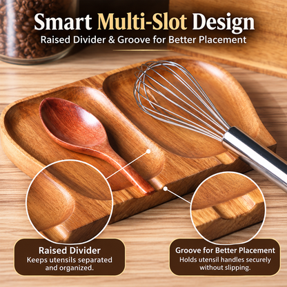 Acacia Wood Multi-Slot Utensil Rest – Countertop Spoon & Tool Holder