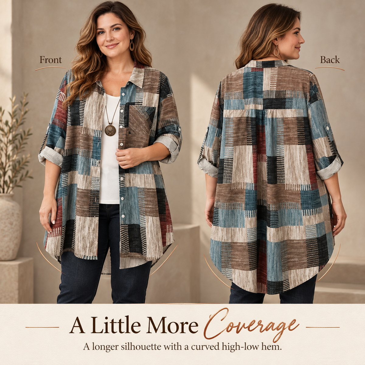Women's Boho Abstract Colorblock Button-Up Shacket - Long Sleeve Mid-Length Coat