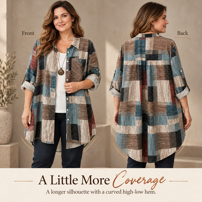 Women's Boho Abstract Colorblock Button-Up Shacket - Long Sleeve Mid-Length Coat