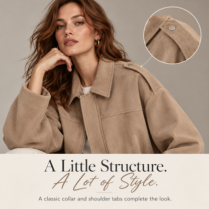 🍂 Women's Vintage Faux Suede Jacket – Oversized Cropped Fit & Zip Front