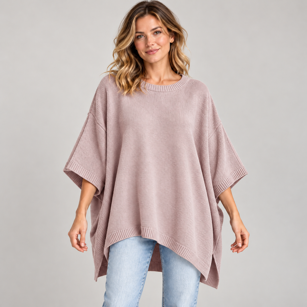 Everyday Relaxed Batwing Knit Sweater - Round Neck Oversized Pullover