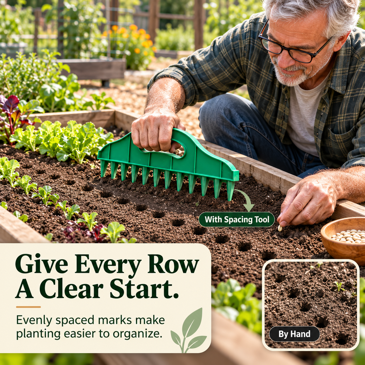 🌱 Garden Seed Spacing Tool – Multi-Row Soil Dibbler & Furrow Maker