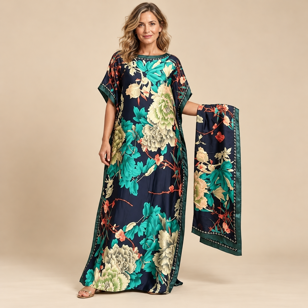 Printed Kaftan Maxi Dress & Matching Scarf Set