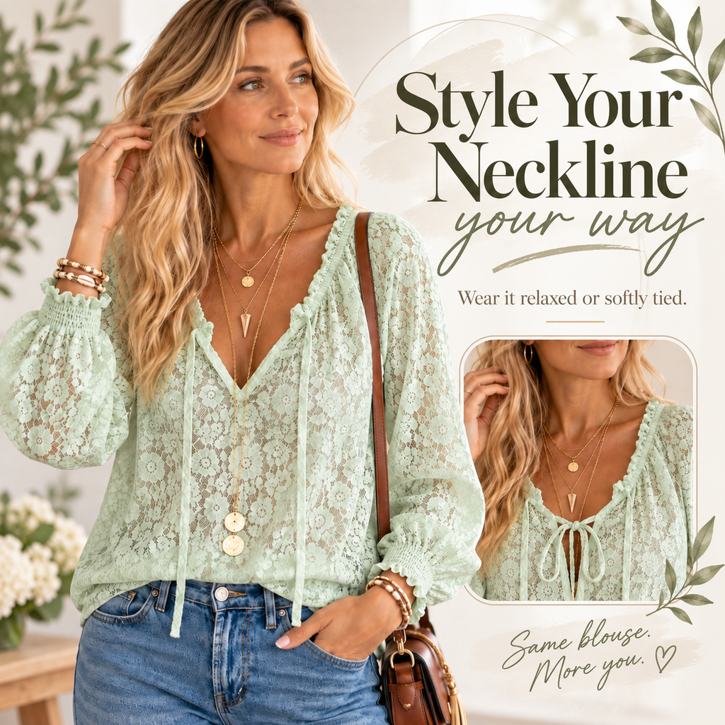 Elegant French Lace Tie-Neck Blouse | Casual Long Sleeve Boho Top