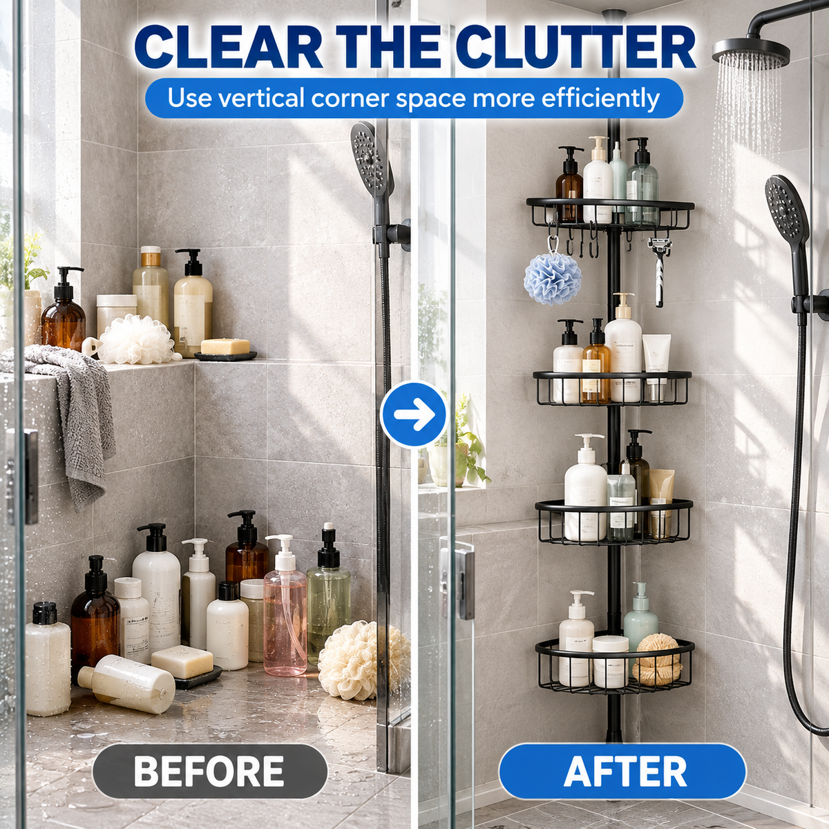 4-Tier Adjustable Corner Shower Caddy with Hooks