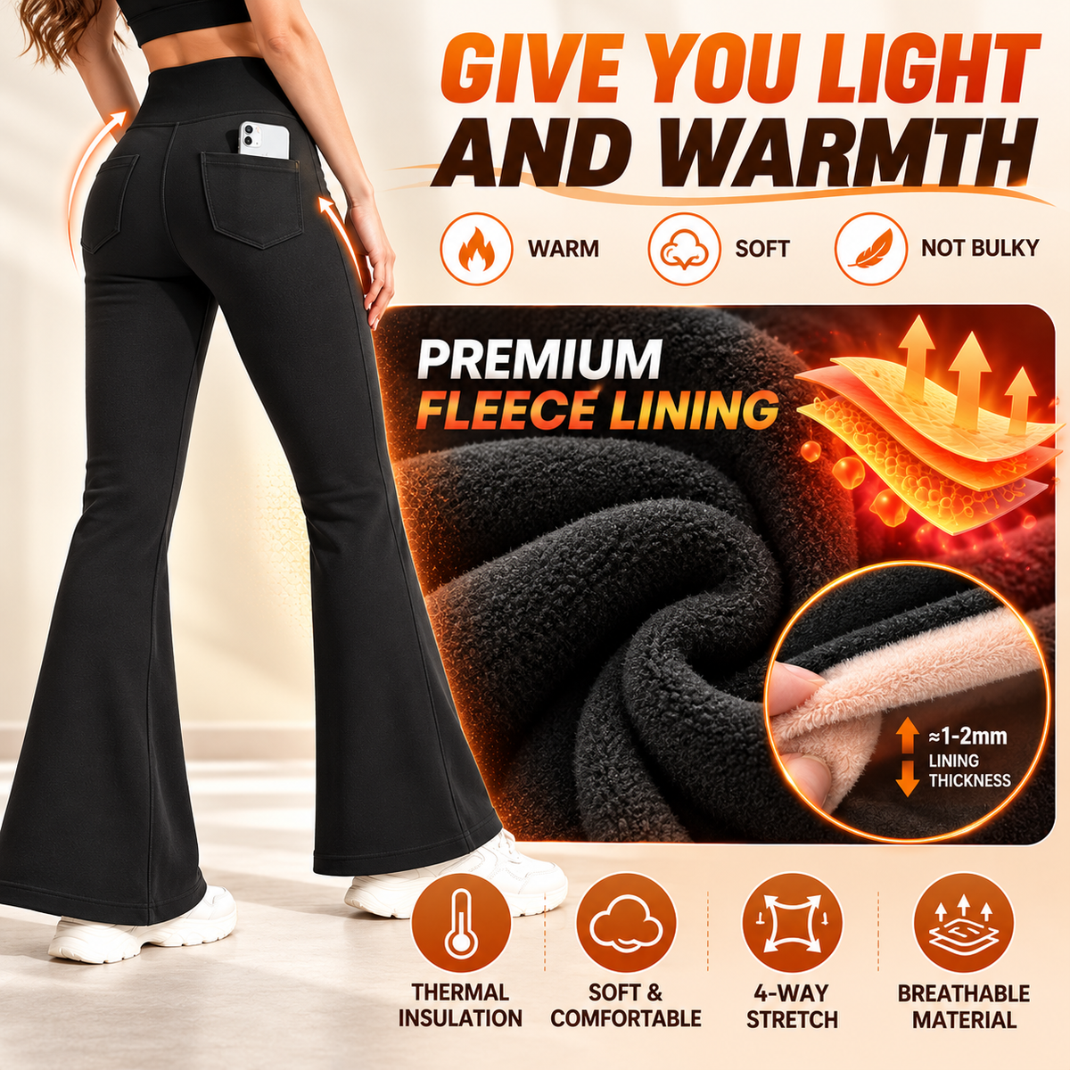 Women’s Fleece-Lined Flare Pants – High-Waisted with Pockets 🤎