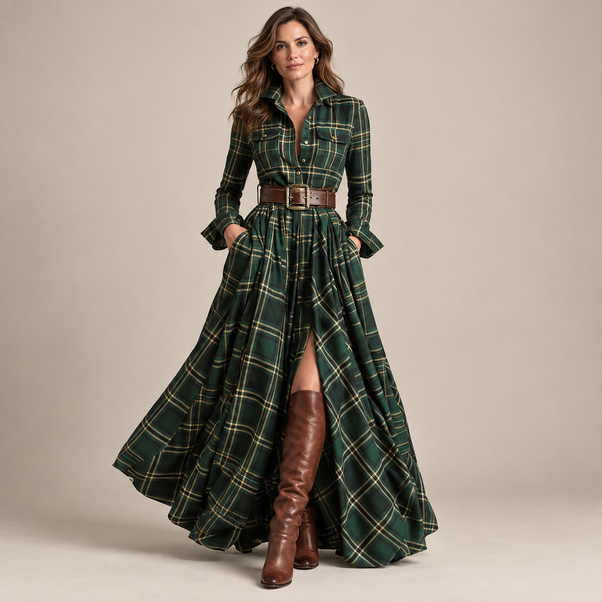 Vintage Plaid Button-Front Maxi Dress – Belt Included