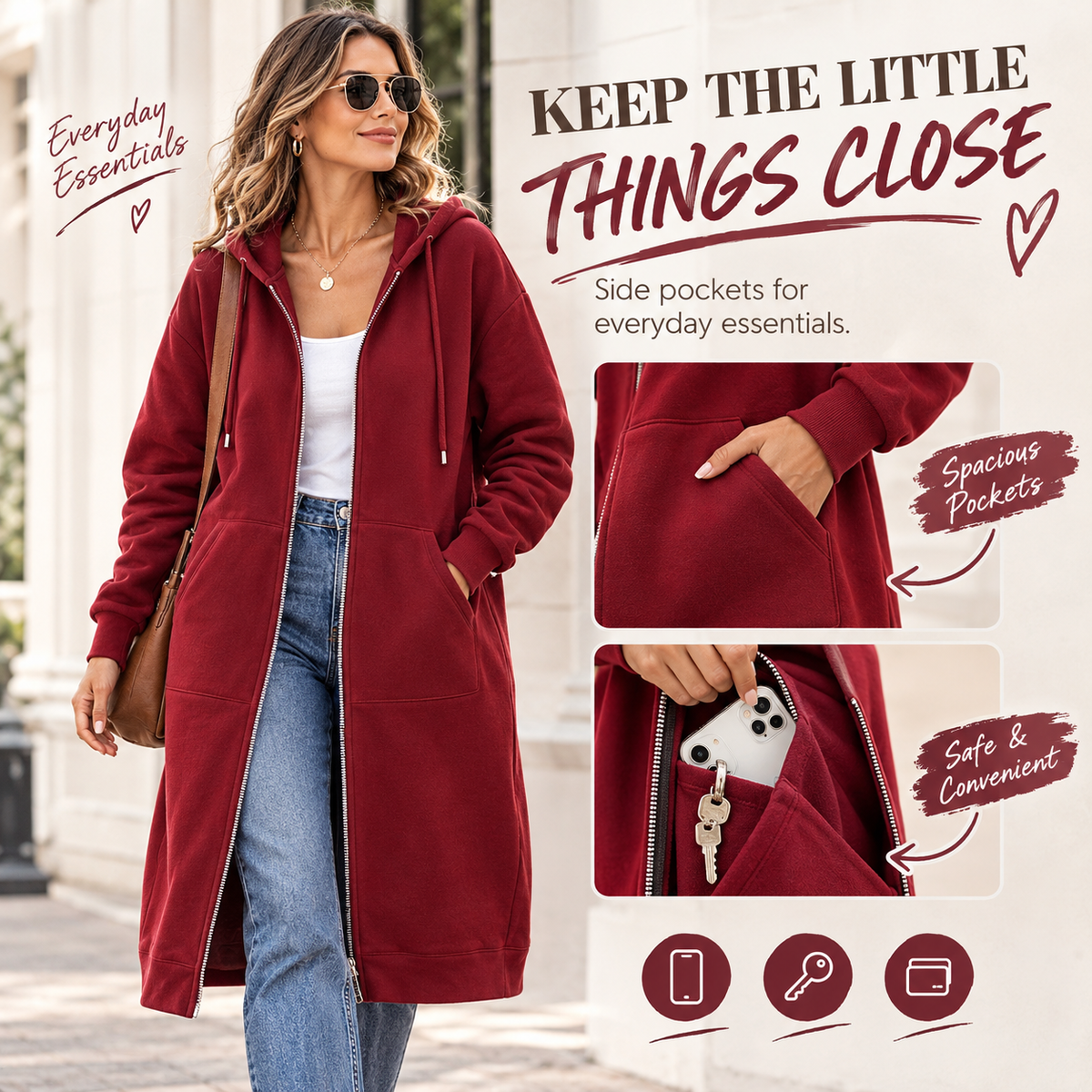 Women's Long Zip-Up Fleece Hoodie – Casual Oversized Full-Zip Outerwear with Pockets