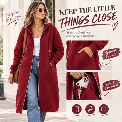 Women's Long Zip-Up Fleece Hoodie – Casual Oversized Full-Zip Outerwear with Pockets