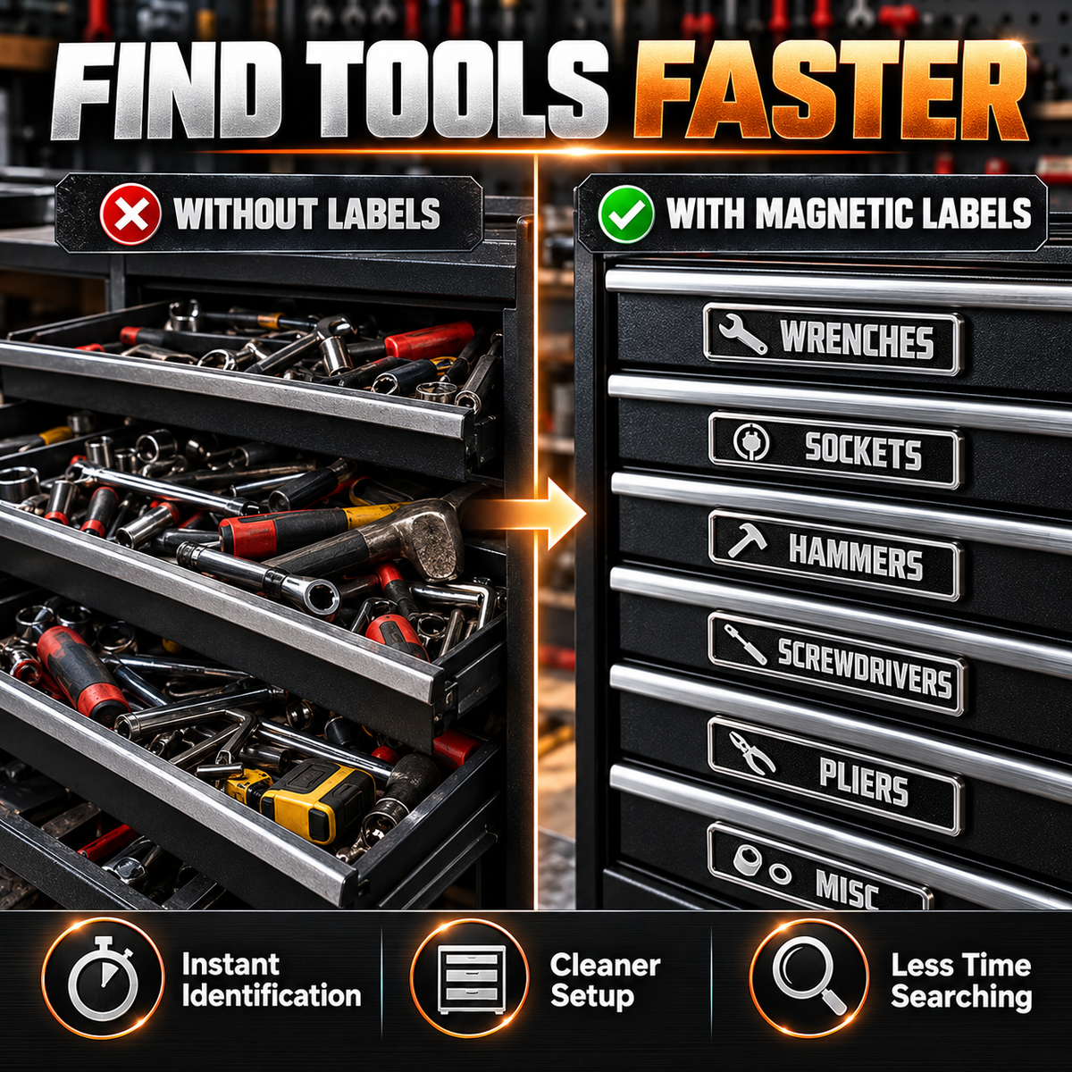 12-Piece Magnetic Toolbox Organizer Labels – Find Your Tools Faster & Keep Drawers Organized