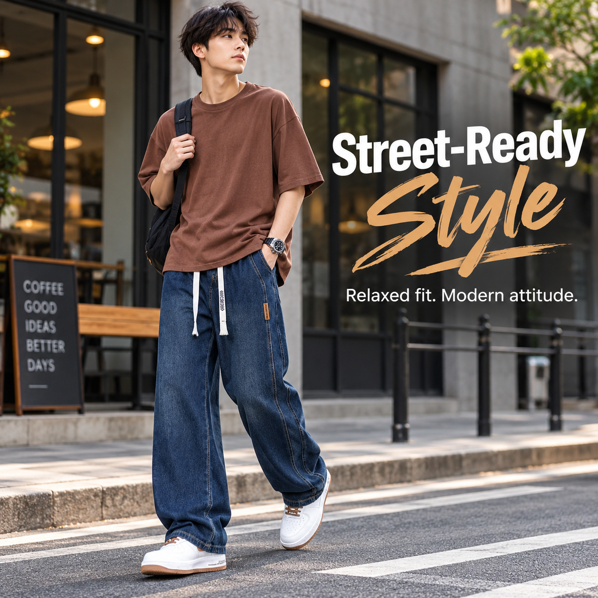 Men’s Relaxed Fit Drawstring Jeans – Stretch Wide-Leg Denim Pants
