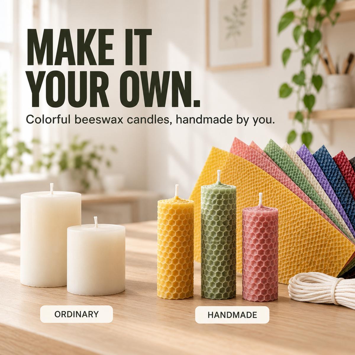 DIY Natural Beeswax Candle Making Kit – 12 Colorful Wax Sheets + 12 Wicks, Easy Handmade Gifts