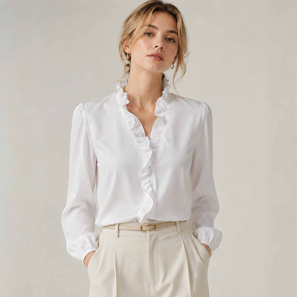 Women’s Ruffled V-Neck Puff Sleeve Blouse – Elegant Everyday Top