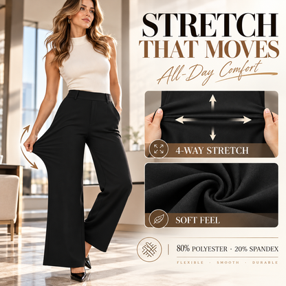 Women’s High-Waisted Wide Leg Work Pants | Stretchy Pull-On Business Casual Slacks with Pockets