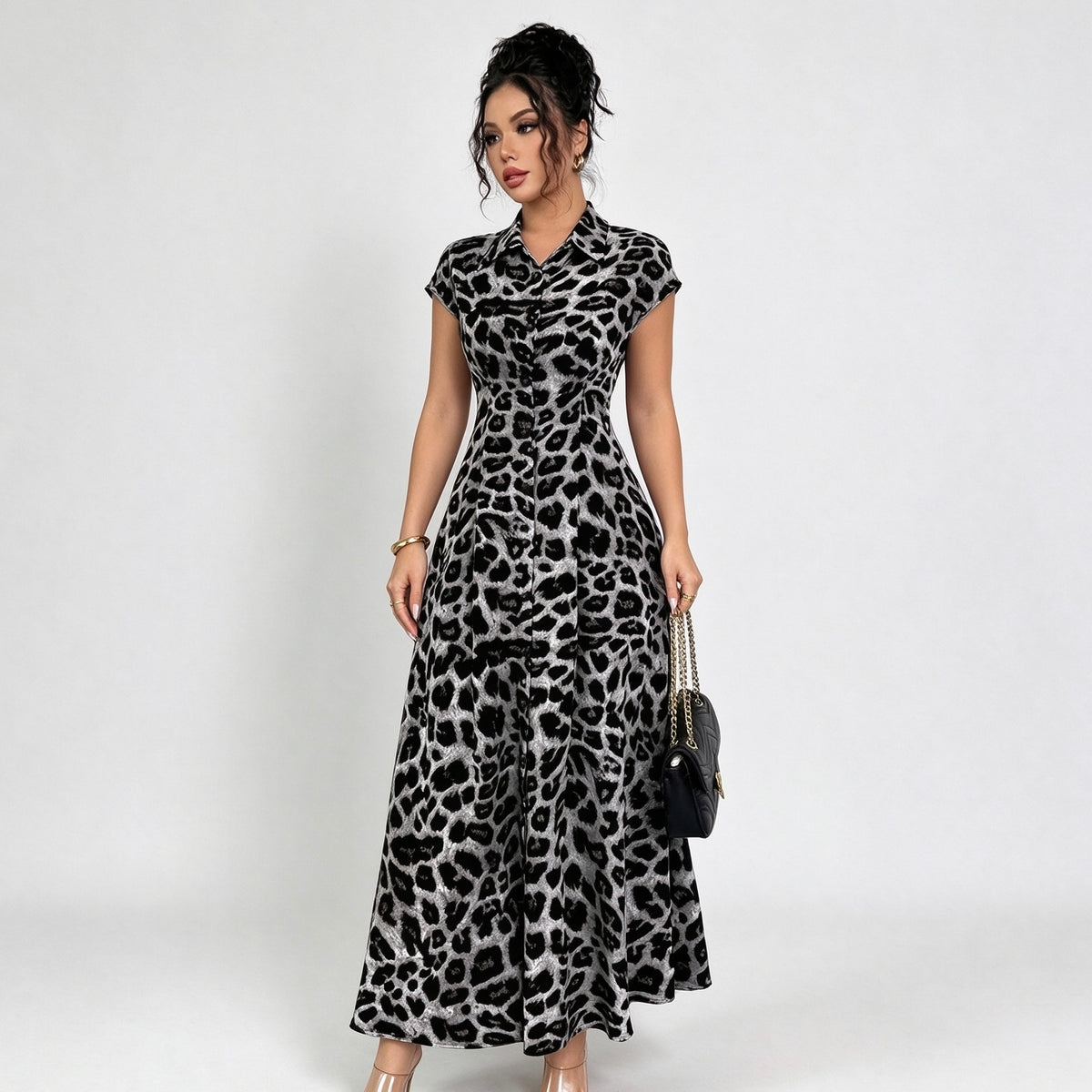 Women’s Leopard Print Maxi Shirt Dress