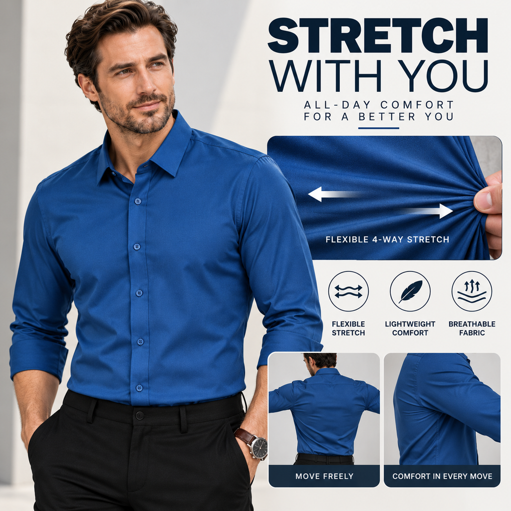 Men's Stretch Dress Shirt - Wrinkle-Resistant Long Sleeve Business Casual Button-Down