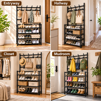 ✨️3-in-1 Entryway Organizer with 4-Tier Shoe Rack, Coat Rack & 8 Hooks✨️