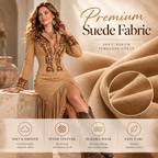 Women’s Western Fringe Maxi Dress – Embroidered Suede High-Slit Style