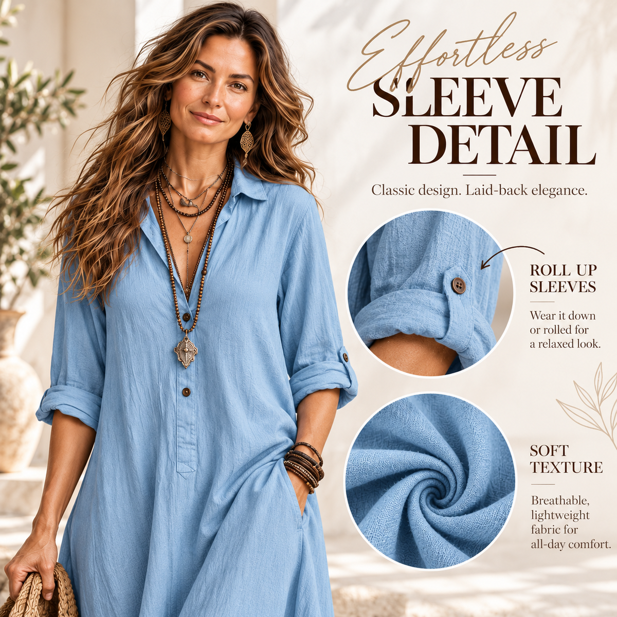 Effortless Boho Chic Long Sleeve Button-Down Maxi Shirt Dress