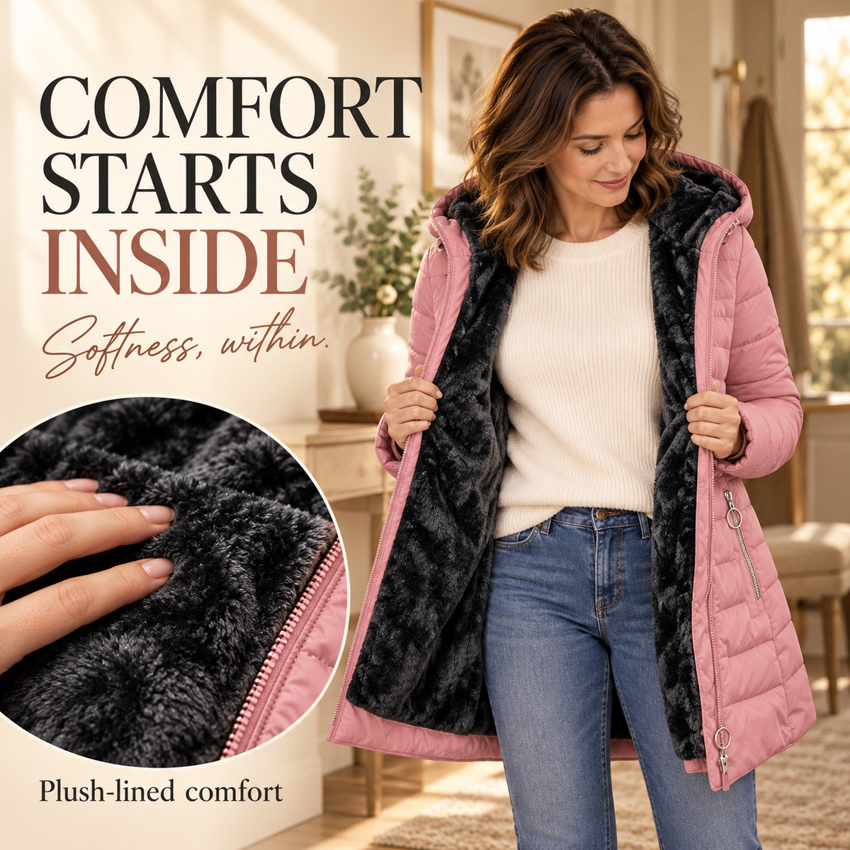 Stay Warm Without the Bulk: Women’s Plush-Lined Puffer Coat