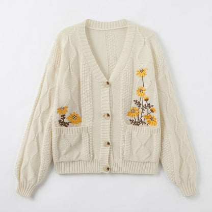 Women's Floral Embroidered Cable Knit Cardigan – Cozy Relaxed Button-Front Sweater with Pockets