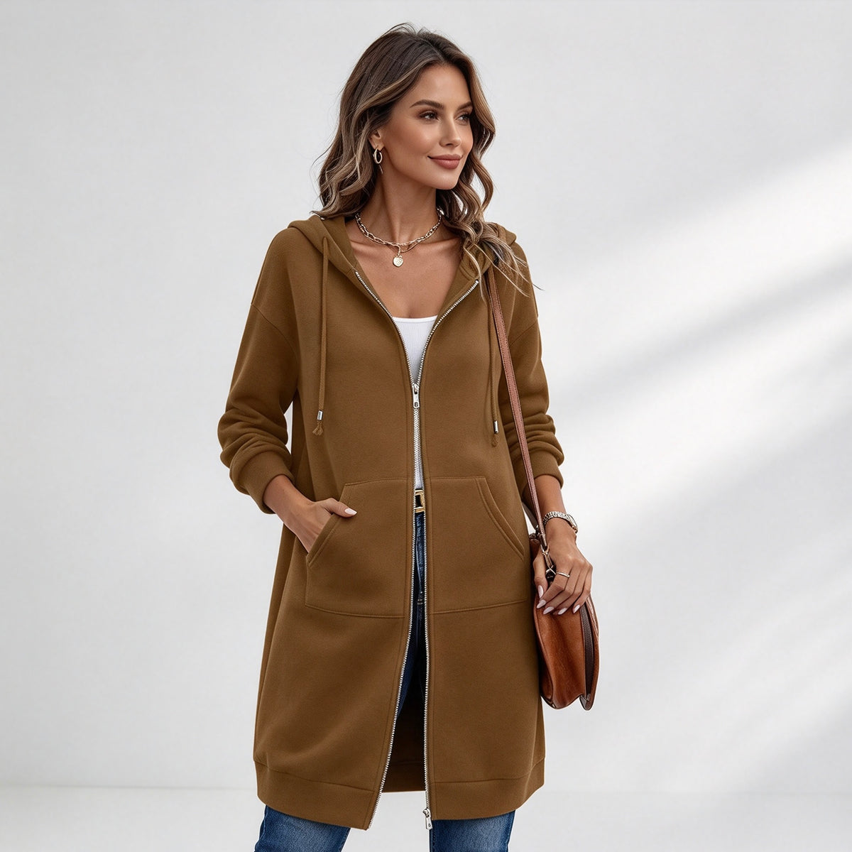 Women's Long Zip-Up Fleece Hoodie – Casual Oversized Full-Zip Outerwear with Pockets