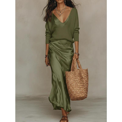 💃Women’s 2-Piece V-Neck Knit Sweater & Satin Slip Maxi Dress Set💃