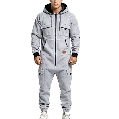 🛠️ Men's Utility Cargo Jumpsuit – Hooded Zip-Front One-Piece Workwear with Multiple Pockets