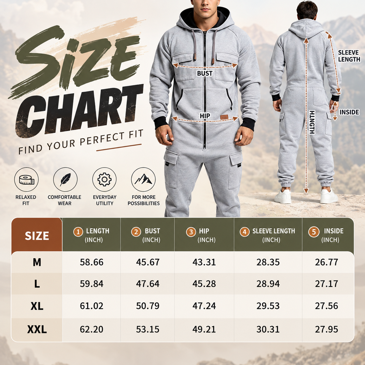 🛠️ Men's Utility Cargo Jumpsuit – Hooded Zip-Front One-Piece Workwear with Multiple Pockets