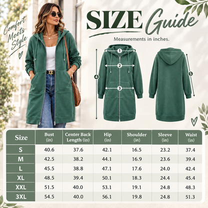 Women's Long Zip-Up Fleece Hoodie – Casual Oversized Full-Zip Outerwear with Pockets