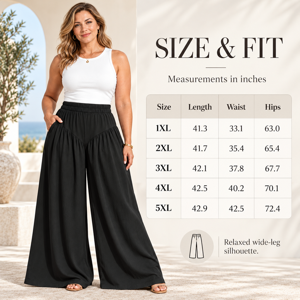 High Waist Wide Leg Casual Pants with Pockets & Elastic Waist