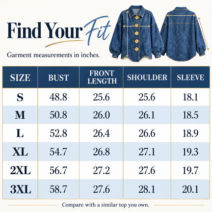 Boho Textured Denim Jacket - Loose Fit Lantern Sleeve Jacket with Oversized Gold Buttons